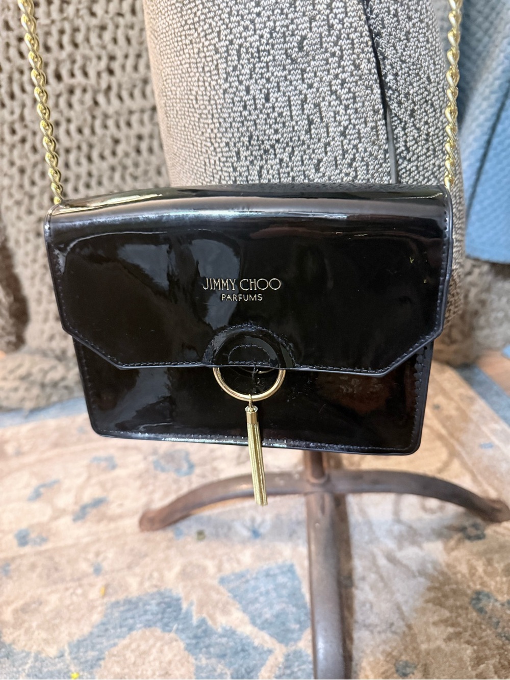 Jimmy Choo Black Patent Leather Shoulder Bag with Gold Chain